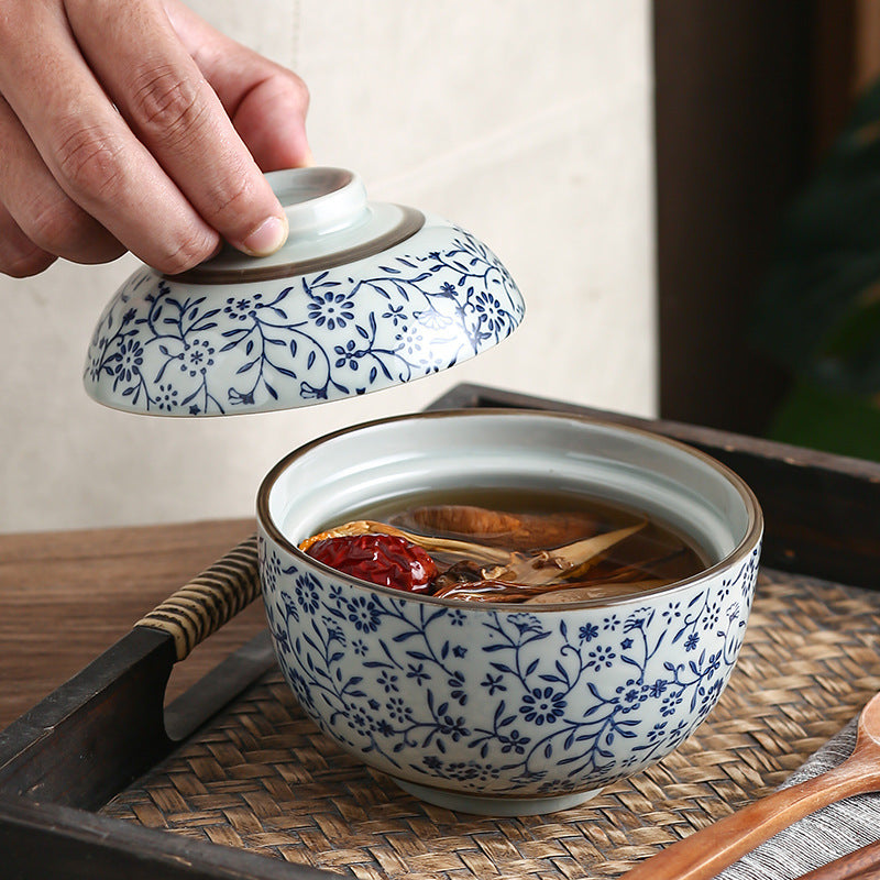 Auspicious Flower Tureen Slow Cooker Ceramic With Lid Steamed Rice Bowl