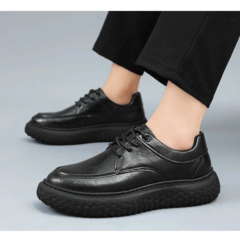 Trendy Men's Leather Shoes British Style Thick Bottom Casual Low Help Lace up Heightening Black Loafers Breathable Shoes