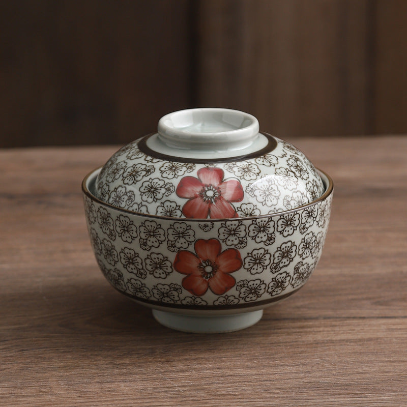 Auspicious Flower Tureen Slow Cooker Ceramic With Lid Steamed Rice Bowl