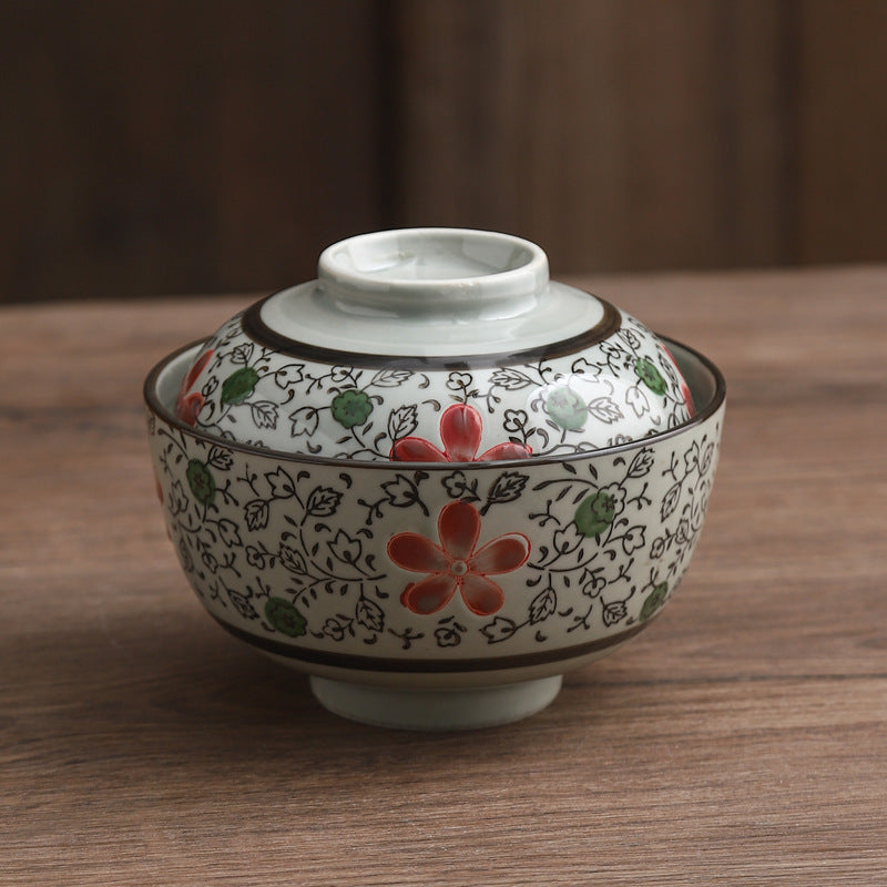 Auspicious Flower Tureen Slow Cooker Ceramic With Lid Steamed Rice Bowl