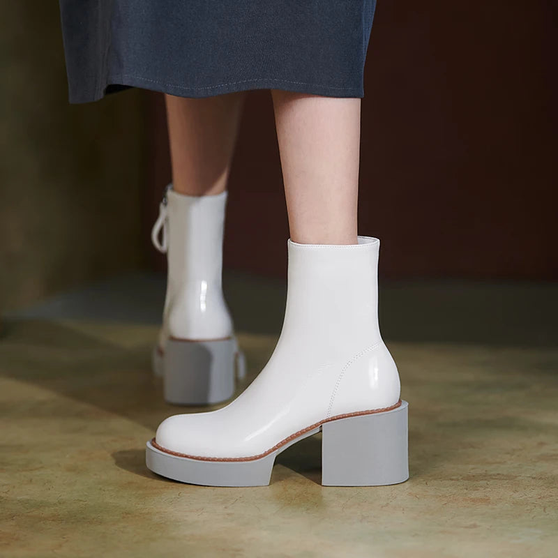 2021 New White Winter Women Shoes Genuine Leather Women Boots Platform Chunky Boots Women Solid Women Shoes High Heel Boots