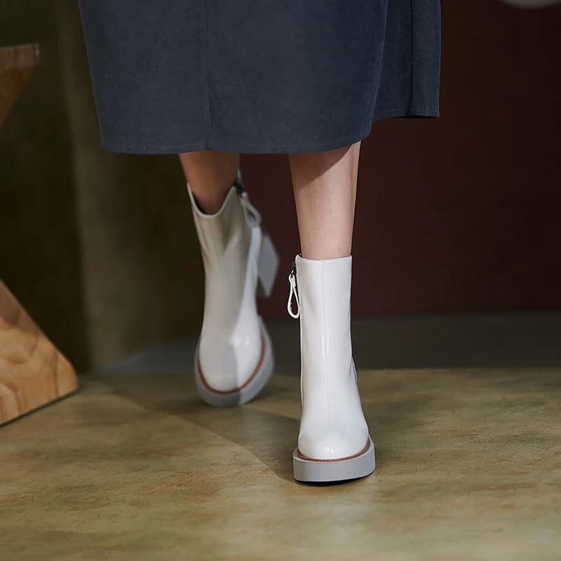 2021 New White Winter Women Shoes Genuine Leather Women Boots Platform Chunky Boots Women Solid Women Shoes High Heel Boots