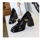 BIGTREE shoes Retro Chunky Women Pumps Block Heel Women Shoes Metal buckle Mid heel Shoes Platform high heels 9 cm Female Shoes