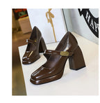 BIGTREE shoes Retro Chunky Women Pumps Block Heel Women Shoes Metal buckle Mid heel Shoes Platform high heels 9 cm Female Shoes