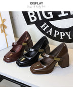 BIGTREE shoes Retro Chunky Women Pumps Block Heel Women Shoes Metal buckle Mid heel Shoes Platform high heels 9 cm Female Shoes
