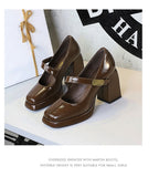 BIGTREE shoes Retro Chunky Women Pumps Block Heel Women Shoes Metal buckle Mid heel Shoes Platform high heels 9 cm Female Shoes