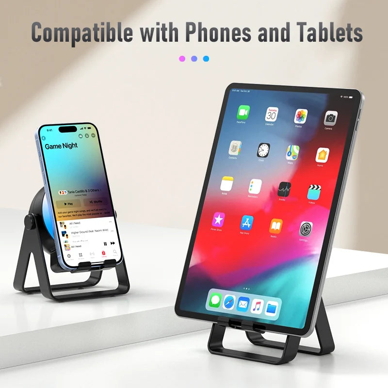 New Cell Phone Holder Stand With Bluetooth 4 IN 1 Wireless Induction Audio Speaker 360° Rotation Stand with LED
