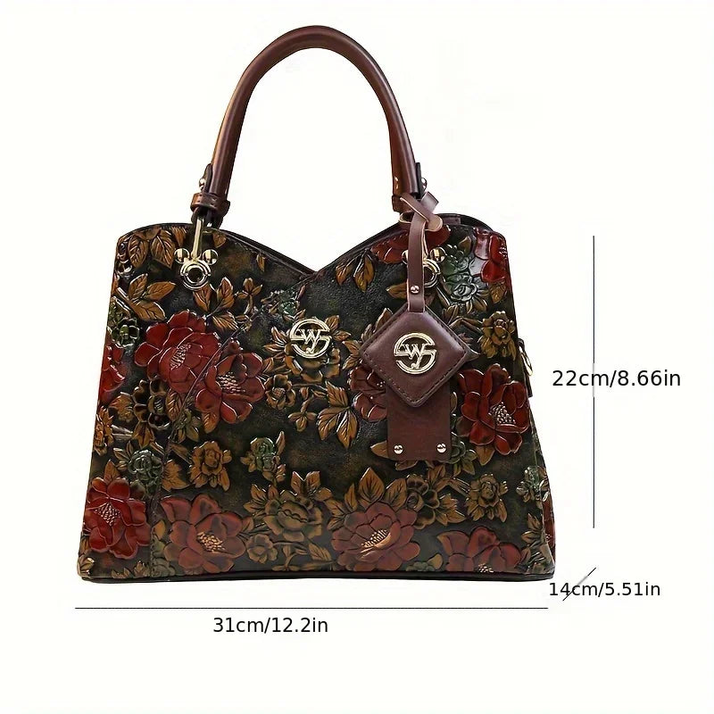 Light Luxury PU Leather Tote Bag Large Capacity Crossbody Women Bag Fashion Vintage Flower Pattern Purse and Handbag