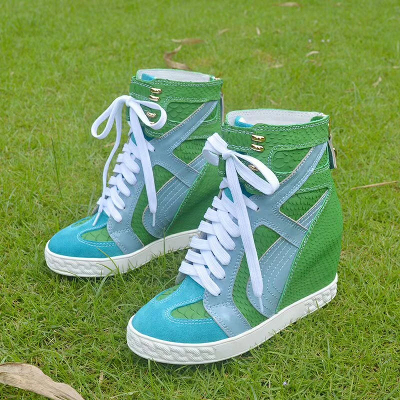 White Punk Style Women Shoes Lace-up heel height 8CM Platform Shoes Woman Real Leather Ankle Rock Boots Patchwork Woman Sneakers