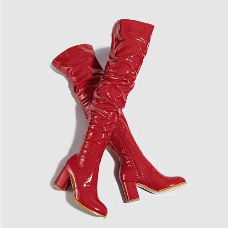 New Women's Long Boots Patent Leather Over The Knee Boots Sexy Womens Pumps Fashion Thick Heels Women Shoes Zlp Zapatos De Mujer