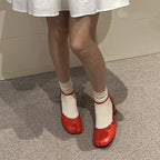 Bailamos Fashion Tabi Ninja Women Shoes Round Split Toe Shallow Thick Heel Sandals Mid Heel Mary Janes Shoes Female Pumps Mujer