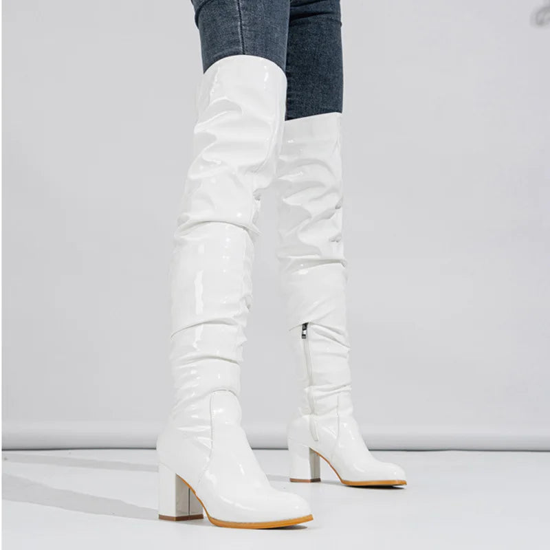New Women's Long Boots Patent Leather Over The Knee Boots Sexy Womens Pumps Fashion Thick Heels Women Shoes Zlp Zapatos De Mujer