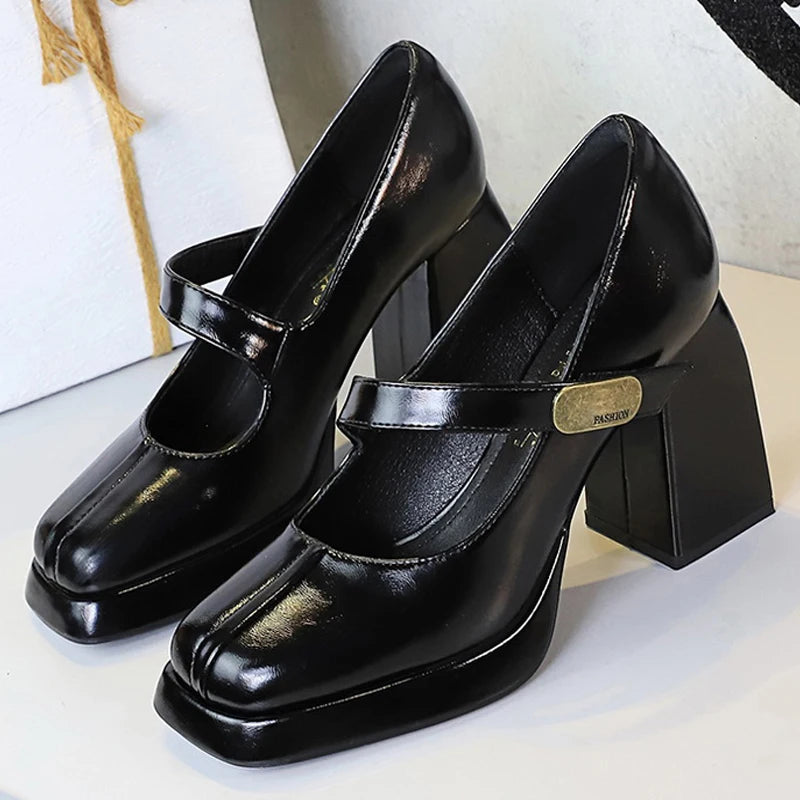 BIGTREE shoes Retro Chunky Women Pumps Block Heel Women Shoes Metal buckle Mid heel Shoes Platform high heels 9 cm Female Shoes