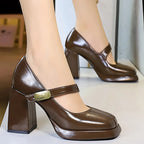 BIGTREE shoes Retro Chunky Women Pumps Block Heel Women Shoes Metal buckle Mid heel Shoes Platform high heels 9 cm Female Shoes