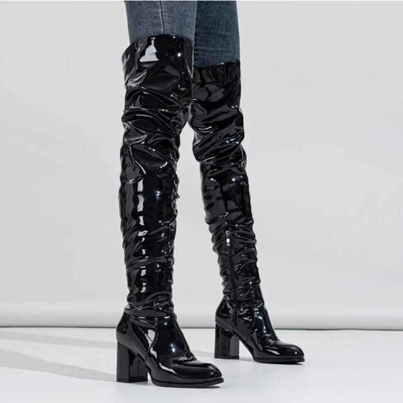 New Women's Long Boots Patent Leather Over The Knee Boots Sexy Womens Pumps Fashion Thick Heels Women Shoes Zlp Zapatos De Mujer