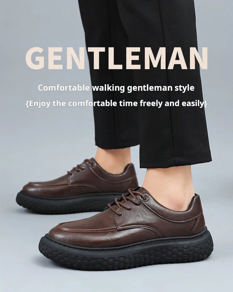 Trendy Men's Leather Shoes British Style Thick Bottom Casual Low Help Lace up Heightening Black Loafers Breathable Shoes