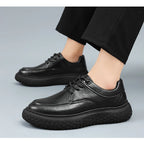 Trendy Men's Leather Shoes British Style Thick Bottom Casual Low Help Lace up Heightening Black Loafers Breathable Shoes