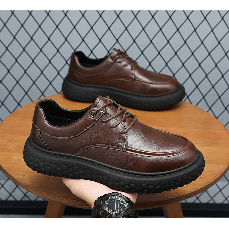 Trendy Men's Leather Shoes British Style Thick Bottom Casual Low Help Lace up Heightening Black Loafers Breathable Shoes