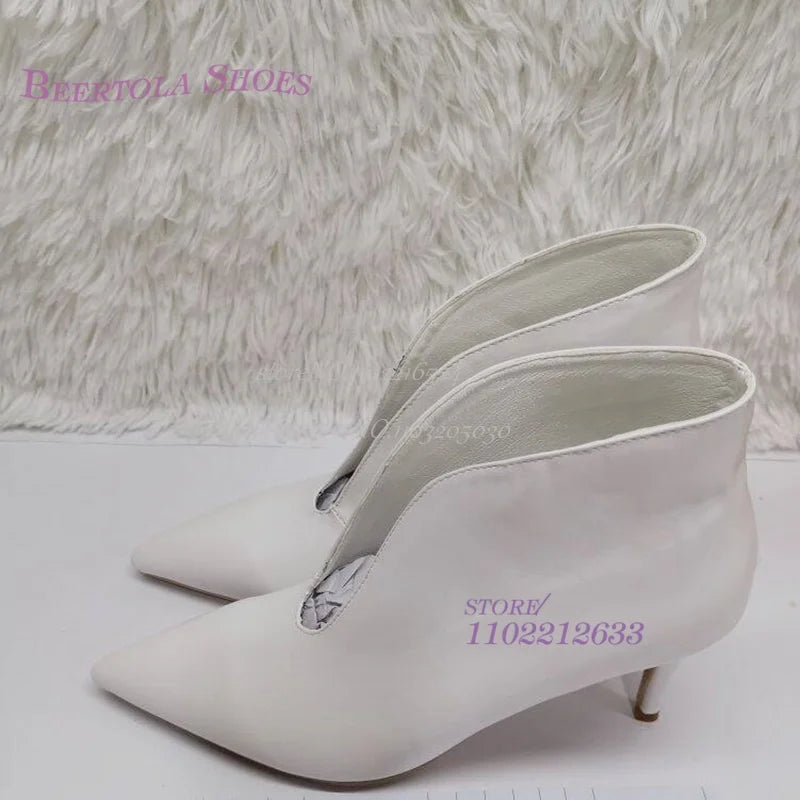 Crescent Hollow Ankle Boots Pointed Toe Ankle Boots Velvet Low Fashion White Design Stiletto Comfortable Plus Size Women Shoes