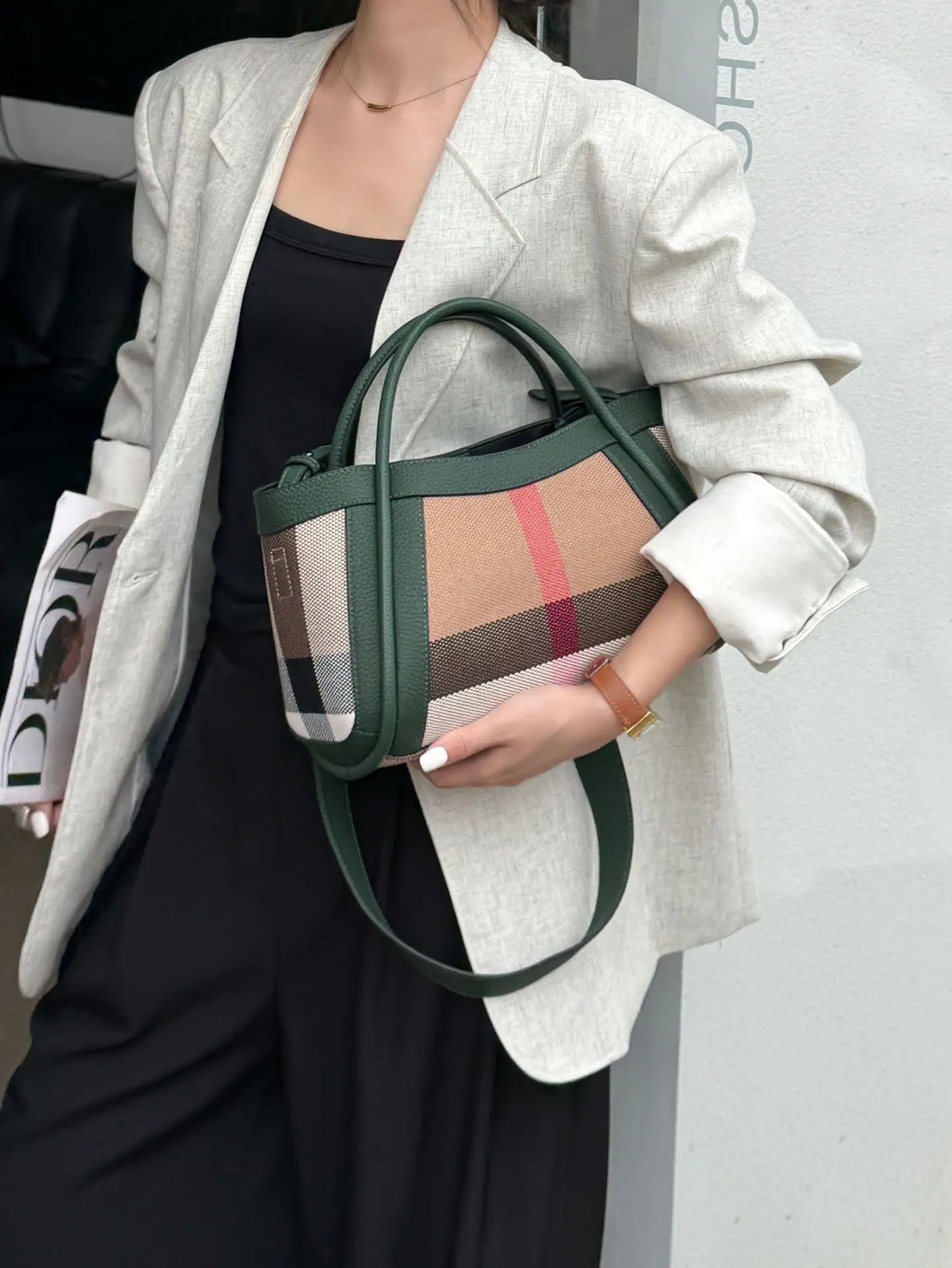 Small Size 30CM Elegant Women Bag Striped Canvas + Cowhide Top Handle Bag Women's Single Shoulder Crossbody Luxury Designer Bag