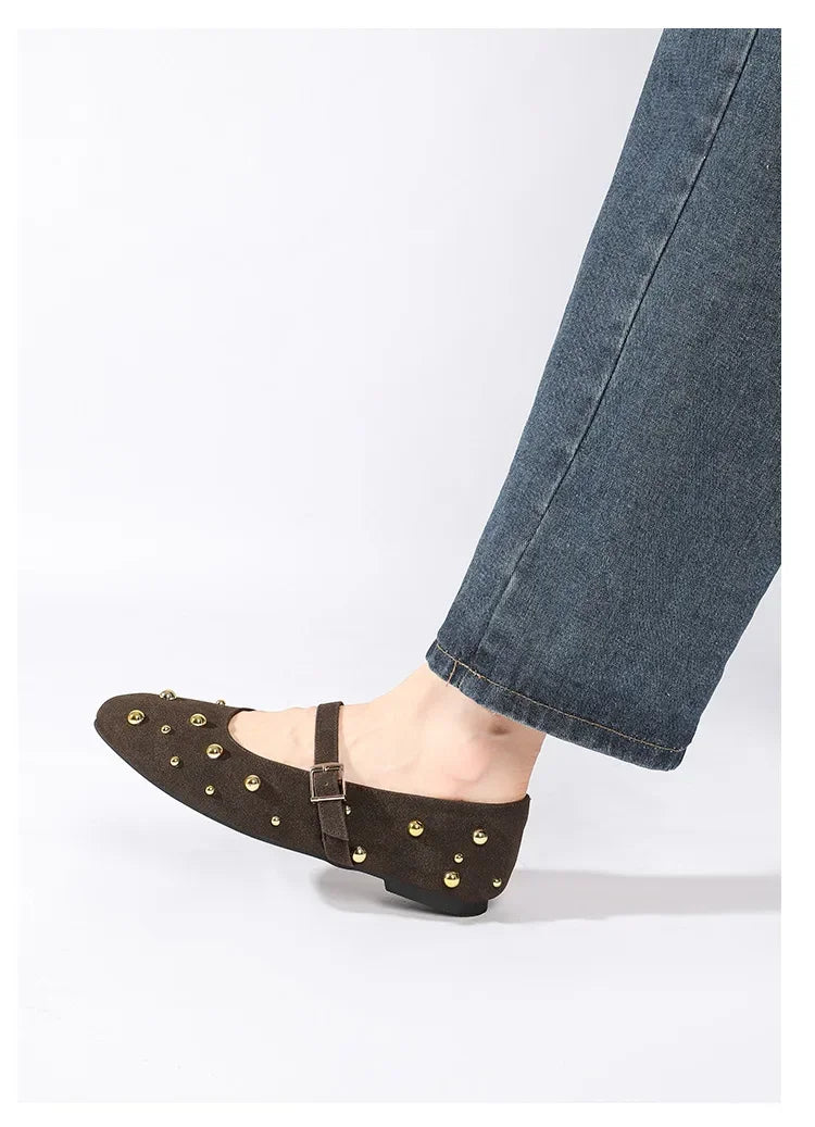 Cool Gold Rivets Design Ballet Flats Women Faux Suede Belt Metal Buckle Low Heel Women Shoes Non-slip Soft Sole Mary Jane Shoes