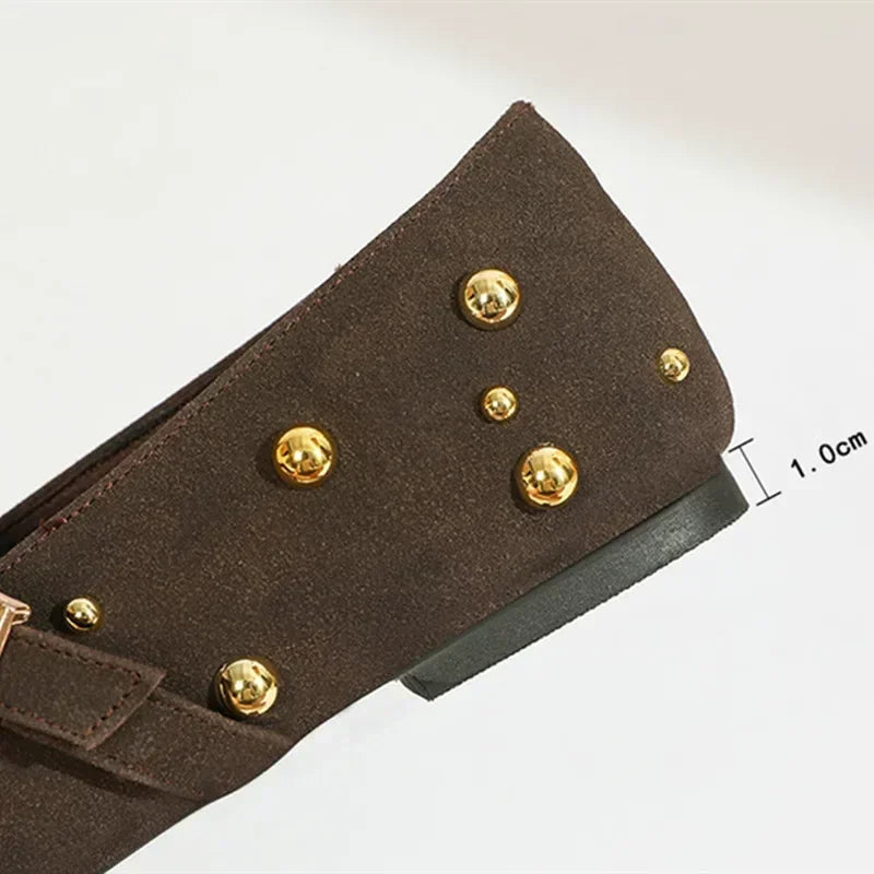 Cool Gold Rivets Design Ballet Flats Women Faux Suede Belt Metal Buckle Low Heel Women Shoes Non-slip Soft Sole Mary Jane Shoes