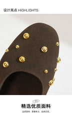 Cool Gold Rivets Design Ballet Flats Women Faux Suede Belt Metal Buckle Low Heel Women Shoes Non-slip Soft Sole Mary Jane Shoes