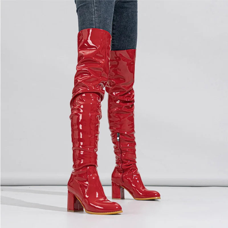New Women's Long Boots Patent Leather Over The Knee Boots Sexy Womens Pumps Fashion Thick Heels Women Shoes Zlp Zapatos De Mujer