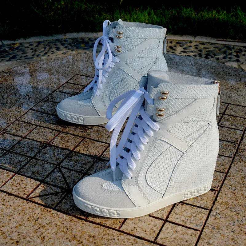 White Punk Style Women Shoes Lace-up heel height 8CM Platform Shoes Woman Real Leather Ankle Rock Boots Patchwork Woman Sneakers