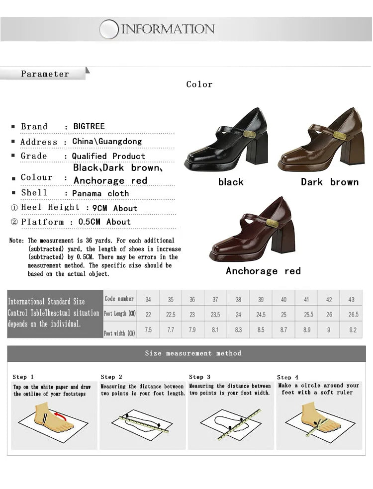 BIGTREE shoes Retro Chunky Women Pumps Block Heel Women Shoes Metal buckle Mid heel Shoes Platform high heels 9 cm Female Shoes