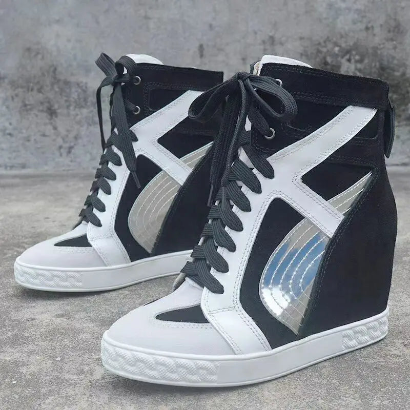 White Punk Style Women Shoes Lace-up heel height 8CM Platform Shoes Woman Real Leather Ankle Rock Boots Patchwork Woman Sneakers