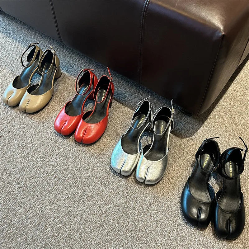 Bailamos Fashion Tabi Ninja Women Shoes Round Split Toe Shallow Thick Heel Sandals Mid Heel Mary Janes Shoes Female Pumps Mujer