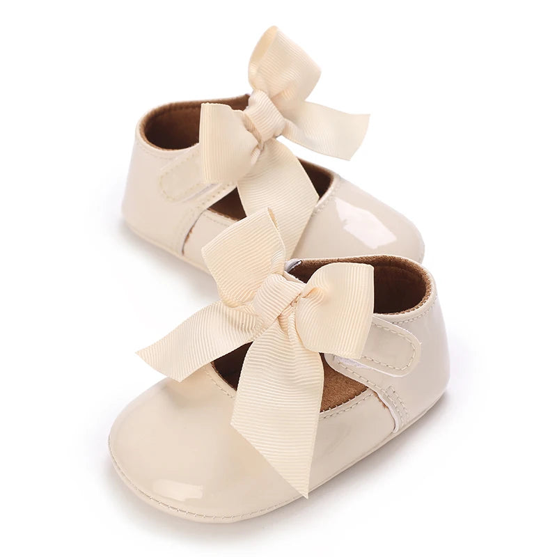 Baby Shoes Bowknot Rubber Sole Anti-slip PU Ballet Slippers Baby Girl Dress Shoes First Walker Toddler Crib Shoes