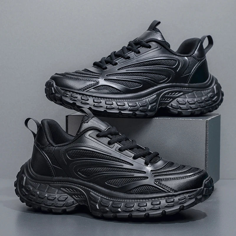 Men's Thick-soled Sports Running Shoes with A Breathable Mesh and Laced Solid Color Simple Design Spring and Summer Flat Shoes