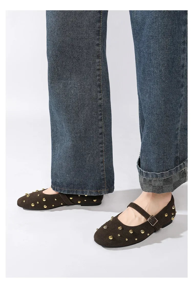 Cool Gold Rivets Design Ballet Flats Women Faux Suede Belt Metal Buckle Low Heel Women Shoes Non-slip Soft Sole Mary Jane Shoes