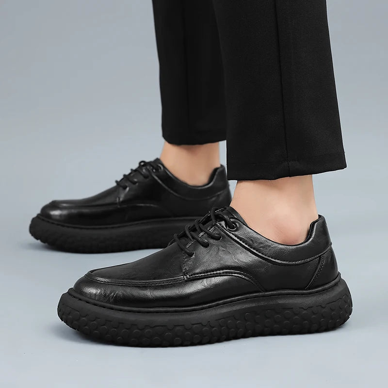 Trendy Men's Leather Shoes British Style Thick Bottom Casual Low Help Lace up Heightening Black Loafers Breathable Shoes