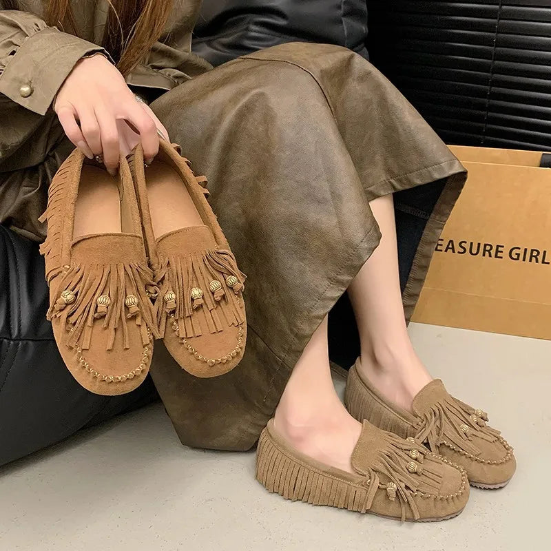 Soft Soled Retro Women Shoes Spring New Round Flat Shoe Fashion Womens Tassel Bean Shoes Casual Women Sports Shoe Zapatosbaratos