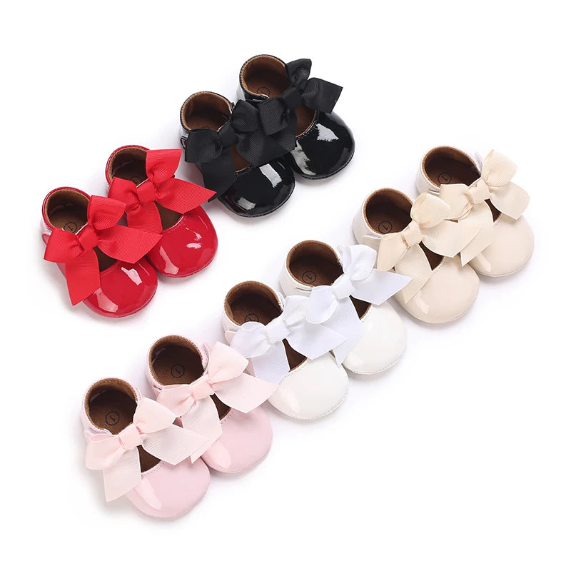 Baby Shoes Bowknot Rubber Sole Anti-slip PU Ballet Slippers Baby Girl Dress Shoes First Walker Toddler Crib Shoes