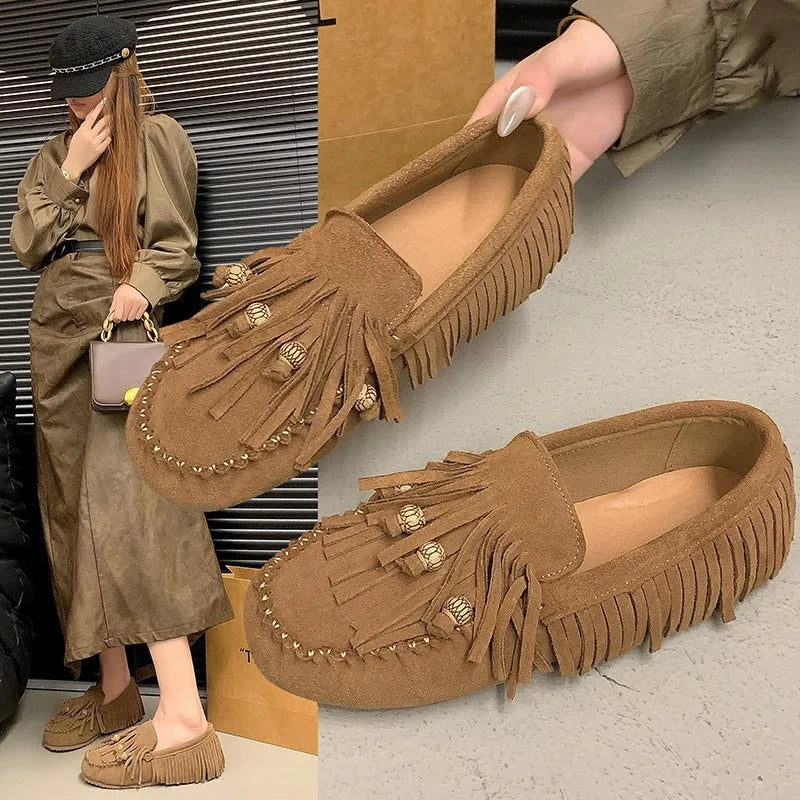 Soft Soled Retro Women Shoes Spring New Round Flat Shoe Fashion Womens Tassel Bean Shoes Casual Women Sports Shoe Zapatosbaratos