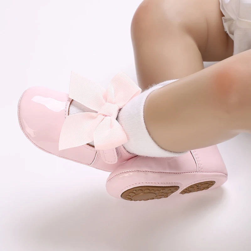 Baby Shoes Bowknot Rubber Sole Anti-slip PU Ballet Slippers Baby Girl Dress Shoes First Walker Toddler Crib Shoes