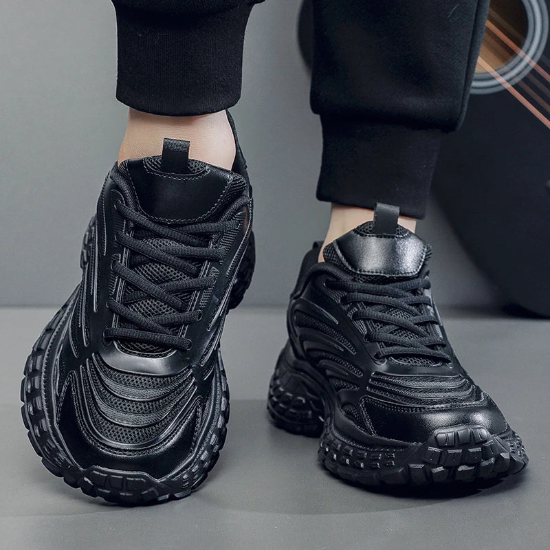 Men's Thick-soled Sports Running Shoes with A Breathable Mesh and Laced Solid Color Simple Design Spring and Summer Flat Shoes