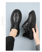 Trendy Men's Leather Shoes British Style Thick Bottom Casual Low Help Lace up Heightening Black Loafers Breathable Shoes