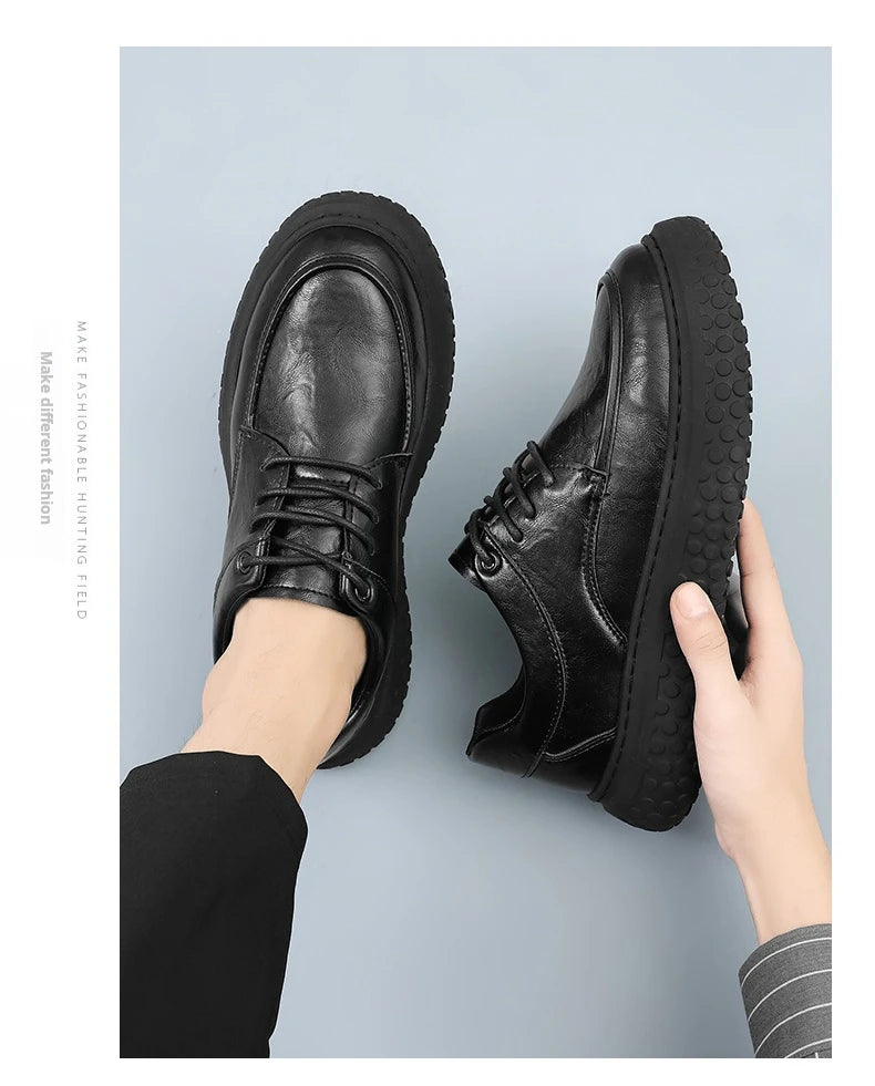 Trendy Men's Leather Shoes British Style Thick Bottom Casual Low Help Lace up Heightening Black Loafers Breathable Shoes