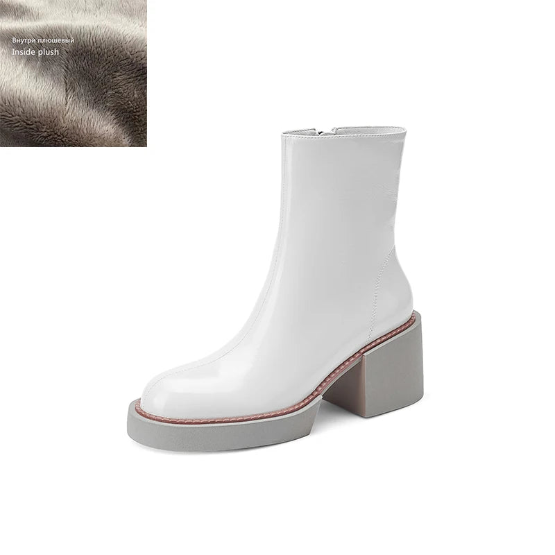 2021 New White Winter Women Shoes Genuine Leather Women Boots Platform Chunky Boots Women Solid Women Shoes High Heel Boots