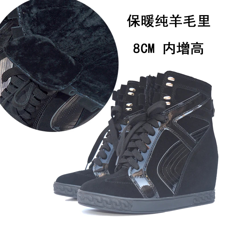 White Punk Style Women Shoes Lace-up heel height 8CM Platform Shoes Woman Real Leather Ankle Rock Boots Patchwork Woman Sneakers