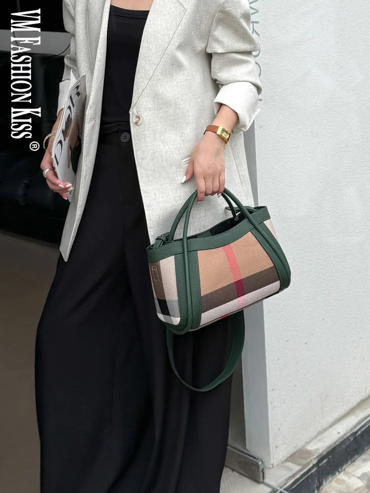 Small Size 30CM Elegant Women Bag Striped Canvas + Cowhide Top Handle Bag Women's Single Shoulder Crossbody Luxury Designer Bag