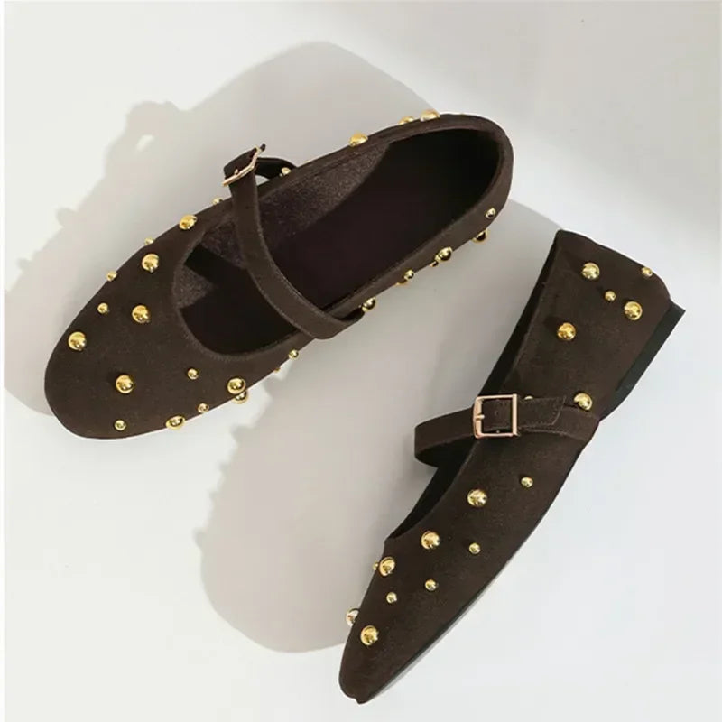 Cool Gold Rivets Design Ballet Flats Women Faux Suede Belt Metal Buckle Low Heel Women Shoes Non-slip Soft Sole Mary Jane Shoes