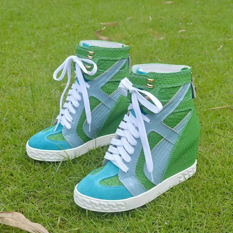 White Punk Style Women Shoes Lace-up heel height 8CM Platform Shoes Woman Real Leather Ankle Rock Boots Patchwork Woman Sneakers