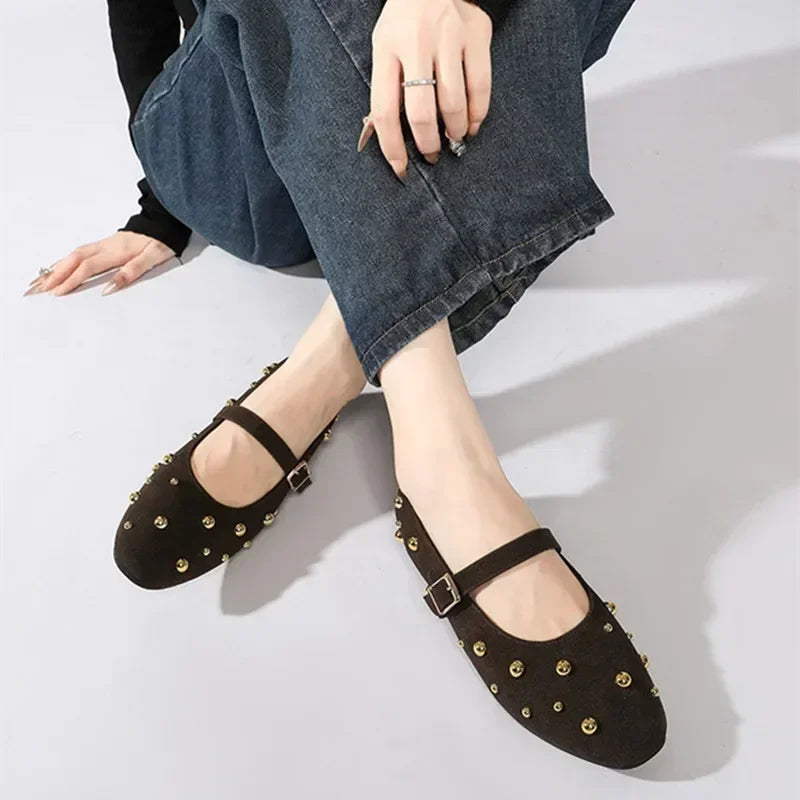 Cool Gold Rivets Design Ballet Flats Women Faux Suede Belt Metal Buckle Low Heel Women Shoes Non-slip Soft Sole Mary Jane Shoes