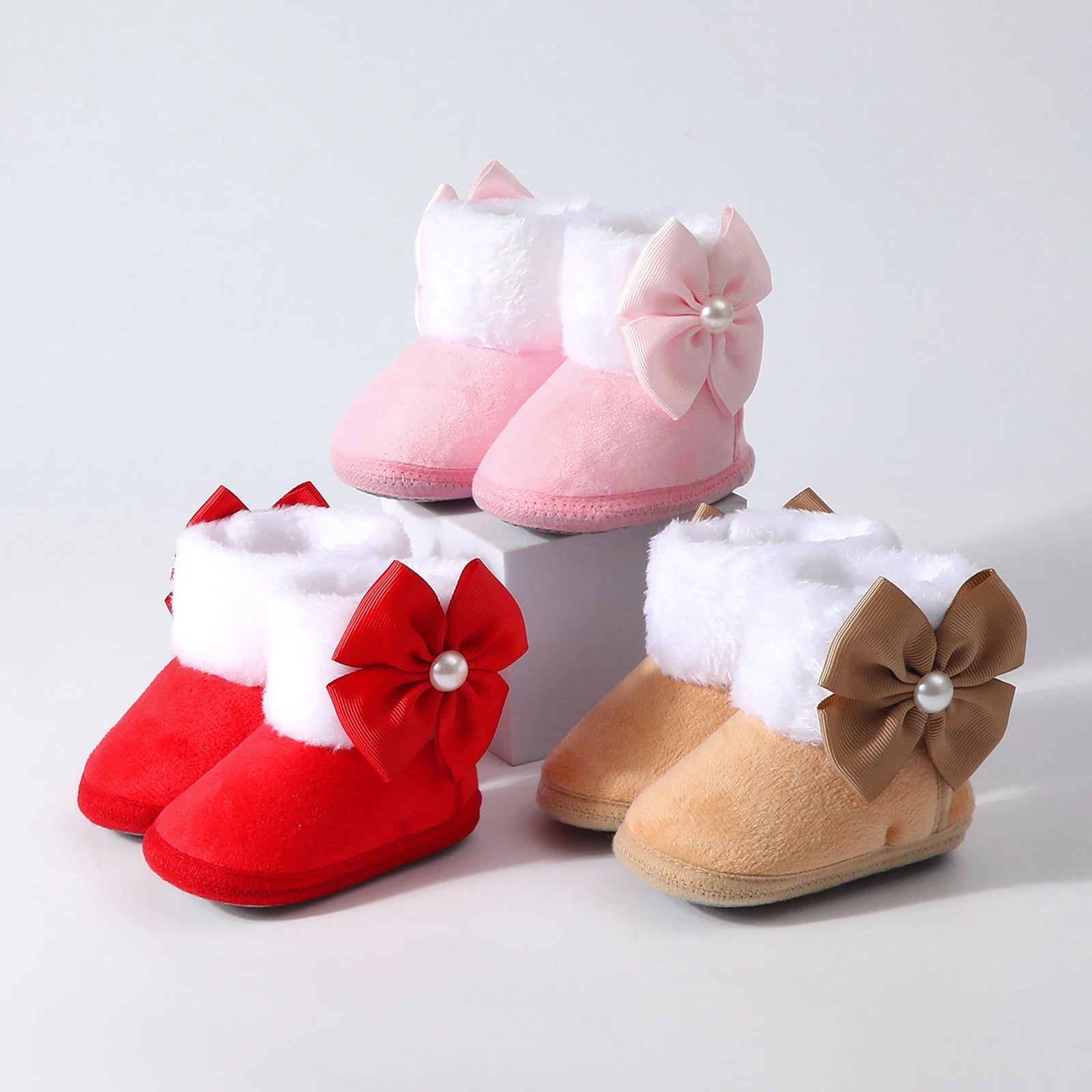 Toddler Baby Shoes Fall Winter Girls Boots Infant cotton Fuzzy First Walker Soft Sole Furry Bow Non-slip First Walker Shoes